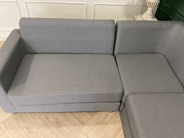 3-seat L-shaped corner sofa, fabric cushion, grey, with 5 pillows