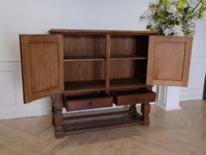Sideboard, 2 doors, open, walnut wood color, European workmanship, sourced from Germany.