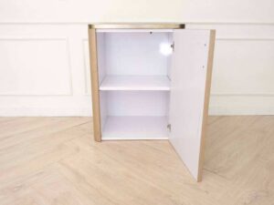 Wooden cabinet, 1 door, square shape Modern, luxury style, brown with gold stainless steel edges.