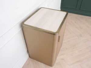 Wooden cabinet, 1 door, square shape Modern, luxury style, brown with gold stainless steel edges.