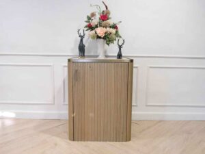 Wooden cabinet, 1 door, square shape Modern, luxury style, brown with gold stainless steel edges.