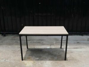 Multipurpose table, wood pattern top, black steel leg frame.