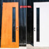 Wooden door with 2 different colored glass panels inside and outside, brown-white.