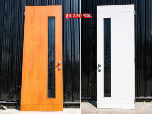 Wooden door with 2 different colored glass panels inside and outside, brown-white.