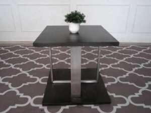 Square side table, wood top, stainless steel legs, hotel furniture.