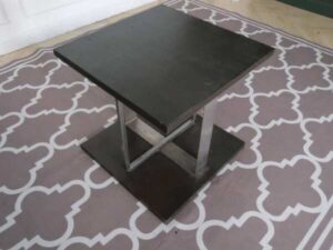 Square side table, wood top, stainless steel legs, hotel furniture.