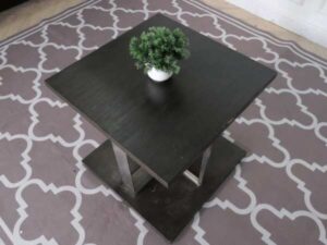 Square side table, wood top, stainless steel legs, hotel furniture.