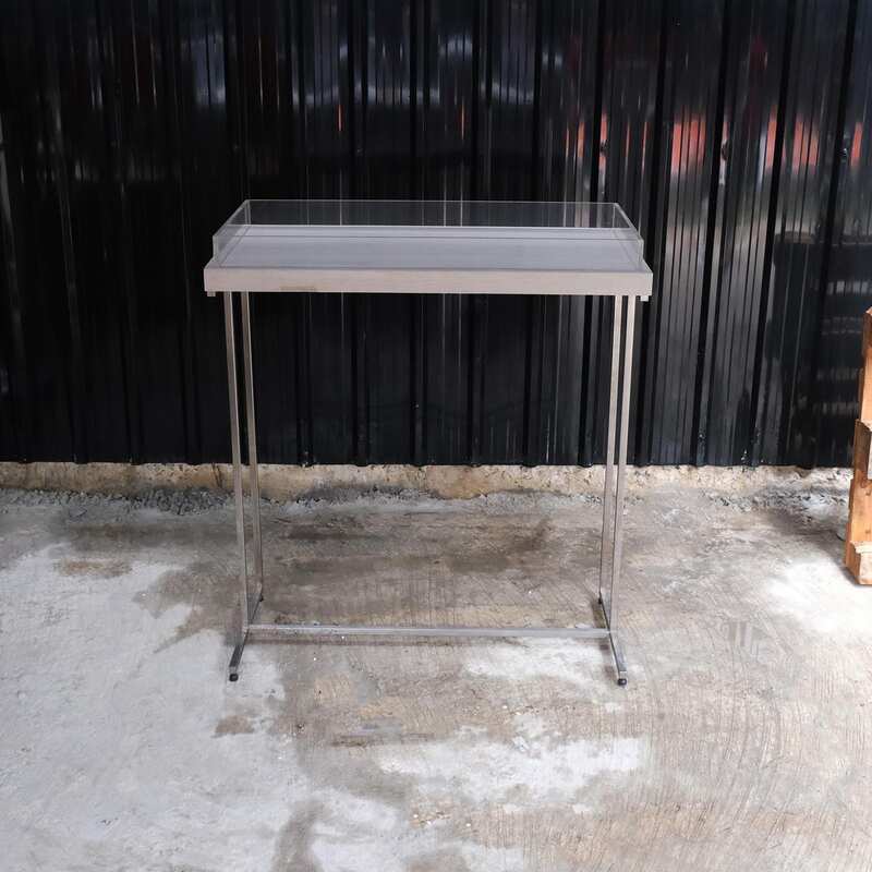 Tall wooden product display tray, attached to a clear acrylic frame. Product shelves, steel leg frame