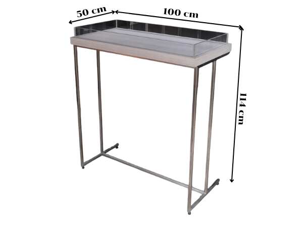 Tall wooden product display tray, attached to a clear acrylic frame. Product shelves, steel leg frame
