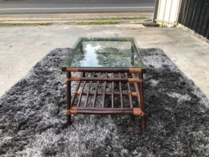 Rattan center table, glass top