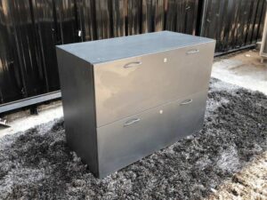 File cabinet, 2 drawers, wooden frame, gray color