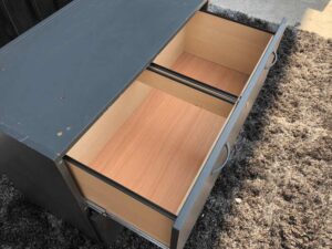 File cabinet, 2 drawers, wooden frame, gray color