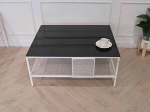 glass center table Center table, steel frame, with shelves under the table.