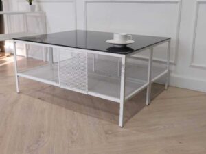 glass center table Center table, steel frame, with shelves under the table.