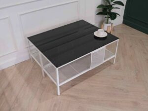 glass center table Center table, steel frame, with shelves under the table.