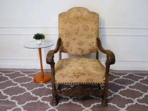 carved chair Fabric cushion with flower pattern, cream color, European workmanship, sourced from Germany.