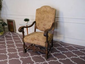 carved chair Fabric cushion with flower pattern, cream color, European workmanship, sourced from Germany.