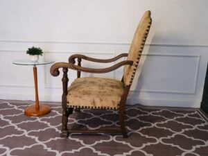 carved chair Fabric cushion with flower pattern, cream color, European workmanship, sourced from Germany.