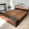 6-foot wooden bed, fabric-covered headboard, with storage cabinet at the end of the bed
