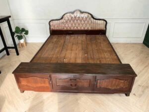6-foot wooden bed, fabric-covered headboard, with storage cabinet at the end of the bed