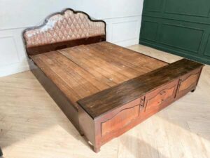 6-foot wooden bed, fabric-covered headboard, with storage cabinet at the end of the bed