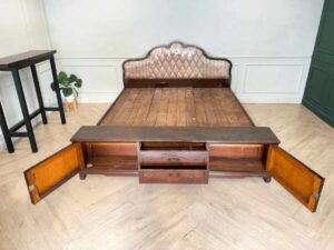 6-foot wooden bed, fabric-covered headboard, with storage cabinet at the end of the bed