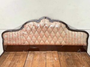6-foot wooden bed, fabric-covered headboard, with storage cabinet at the end of the bed