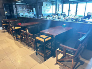 Wooden station for restaurants, cafes, bars, beverage stations. Drink shelf black steel frame