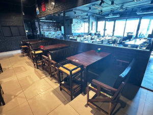 Wooden station for restaurants, cafes, bars, beverage stations. Drink shelf black steel frame