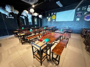 Wooden station for restaurants, cafes, bars, beverage stations. Drink shelf black steel frame