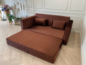 2-seat sofa bed, fabric cushions with pillows