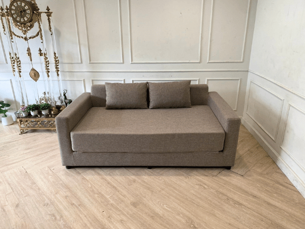 2-seat sofa bed, fabric cushions with pillows
