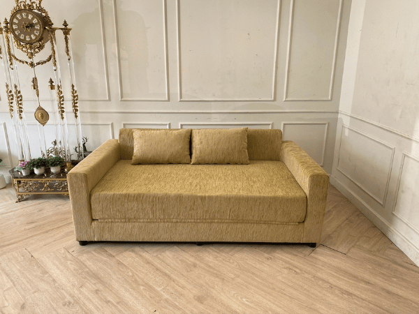 2-seat sofa bed, fabric cushions with pillows