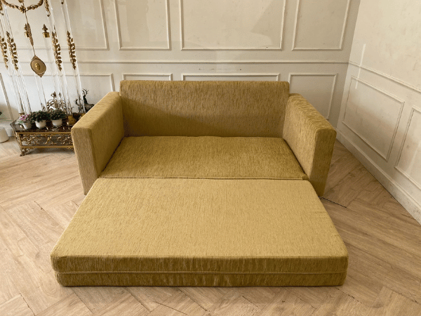 2-seat sofa bed, fabric cushions with pillows