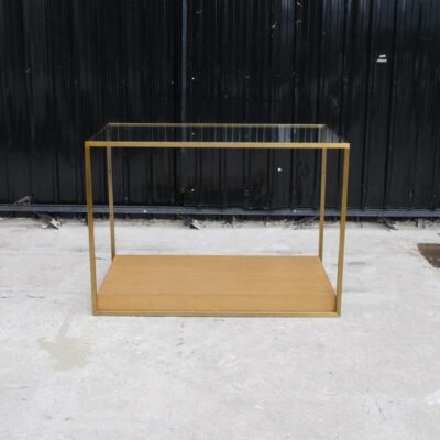Product display shelf Product shelves, glass top, gold-colored steel frame brown wooden base