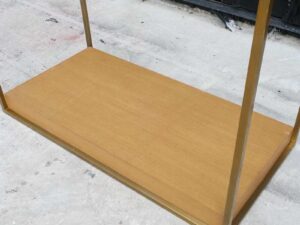 Product display shelf Product shelves, glass top, gold-colored steel frame brown wooden base