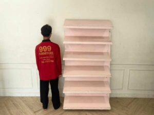 6-shelf bookshelf, wooden frame, pink