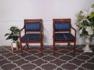 Teak frame chair blue cloth cushion