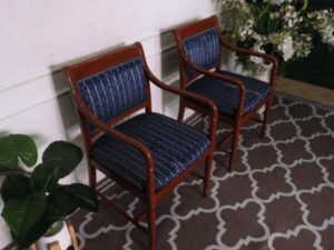 Teak frame chair blue cloth cushion