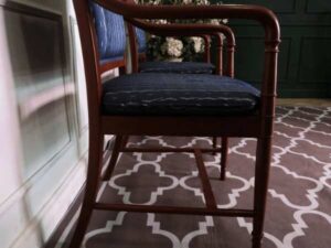 Teak frame chair blue cloth cushion