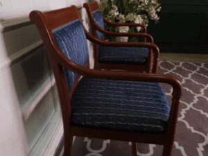 Teak frame chair blue cloth cushion