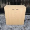 File cabinet with 2 doors, gray color, light wood top, Rockworth brand.