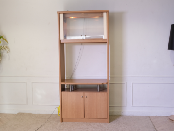 Tall TV cabinet with 4 opening doors, wooden frame, glass top, brown.