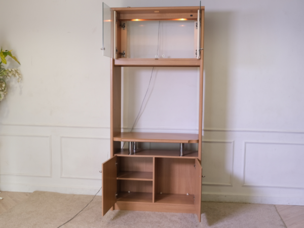 Tall TV cabinet with 4 opening doors, wooden frame, glass top, brown.