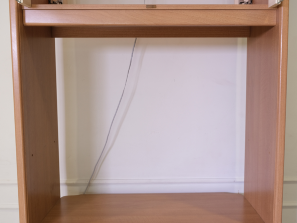 Tall TV cabinet with 4 opening doors, wooden frame, glass top, brown.