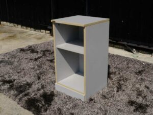 Document shelf, wooden frame, gray color