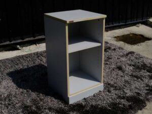 Document shelf, wooden frame, gray color