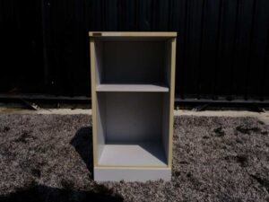 Document shelf, wooden frame, gray color