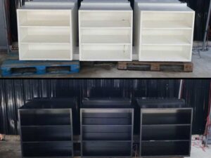 Set of large wooden product shelves, 2 sides, 3 compartments on each side / 3 shelves per compartment (available in white and black)