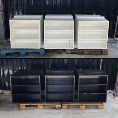 Set of large wooden product shelves, 2 sides, 3 compartments on each side / 3 shelves per compartment (available in white and black)